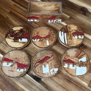 Set of 6 Vtg Handcrafted Wooden Coasters -Pyrography Designs of Tropical houses